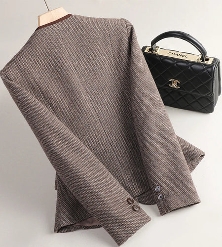 Women Brown Long Sleeve Temperament Slim Woolen Blazer Coat Fashion 2024 New Autumn Winter Ladies Square Neck Button Jacket Chic