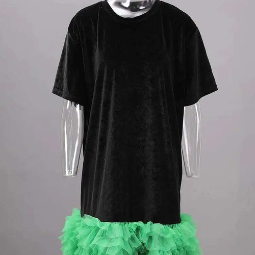 Load image into Gallery viewer, Women Green Mesh Ruffles Hem Big Size Knee-Length Dress New Round Neck Short Sleeve Fashion Spring Summer 2025 CPG2904
