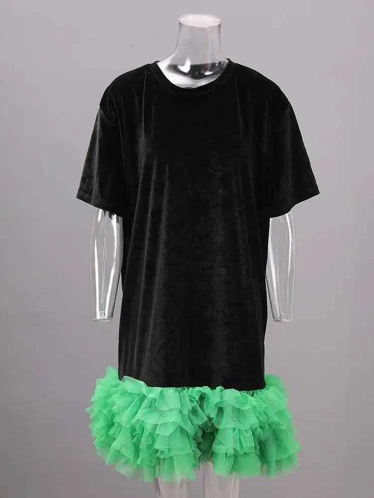 Women Green Mesh Ruffles Hem Big Size Knee-Length Dress New Round Neck Short Sleeve Fashion Spring Summer 2025 CPG2904