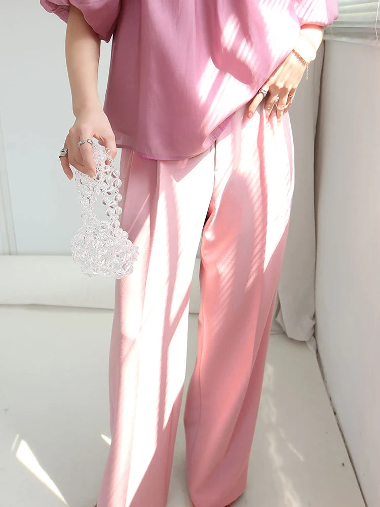 Casual Pink Wide Leg Pants For Women High Waist Loose Solid Minimalist Trousers Female Autumn Fashion Clothing