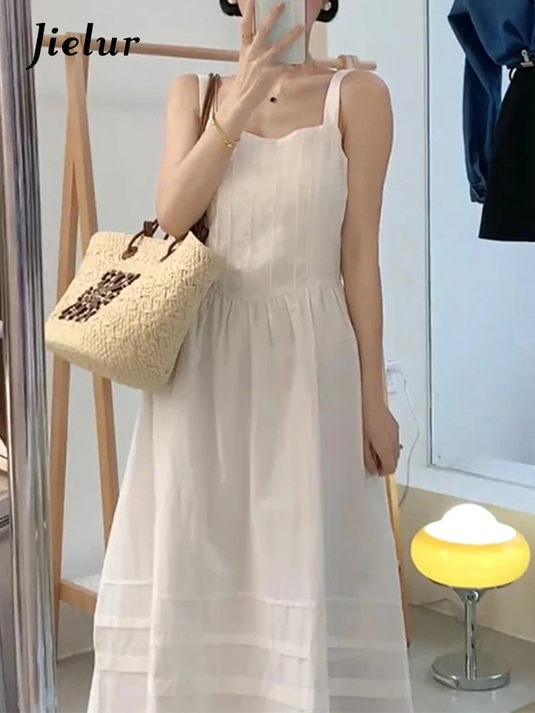 Beach Style White Strapless Women's Dresses Summer Chic Solid Color Sleeveless Slash Neck Fashion Vacation Female Dress