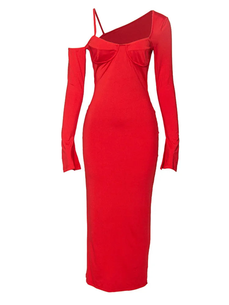 Autumn Oblique Shoulder Long Sleeve Dress For Women Sexy Wrap Hip Fit Irregular Long Dress Elegant Party Evening Dress