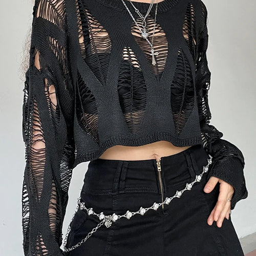 Load image into Gallery viewer, Grunge Vintage Hole Ripped Knitted Smock Tops Sexy Fashion Cropped Pullover Hollow Out Spring Autumn Sweater Knitwear
