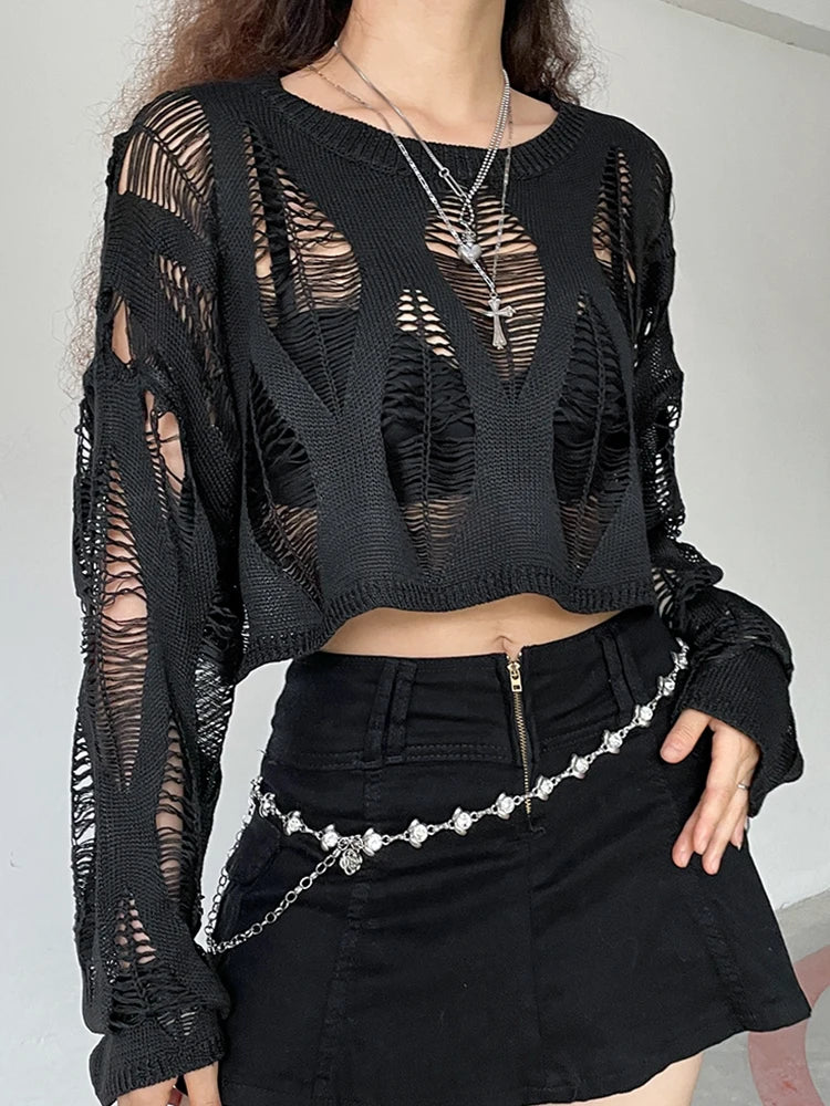Grunge Vintage Hole Ripped Knitted Smock Tops Sexy Fashion Cropped Pullover Hollow Out Spring Autumn Sweater Knitwear