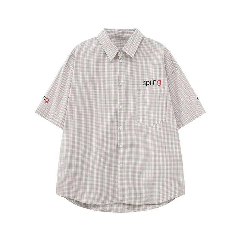 Men's Short Sleeve Shirts Plaid Collar Design New Summer Shirt Letter Printed Trendy Casual Loose Male Clothing 9W1593