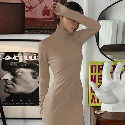 Load image into Gallery viewer, Elegant Turtleneck Long Sleeve Bodycon Long Dress For Women Autumn Winter New Ribbed Zipper Long Dress Fashion Clothes
