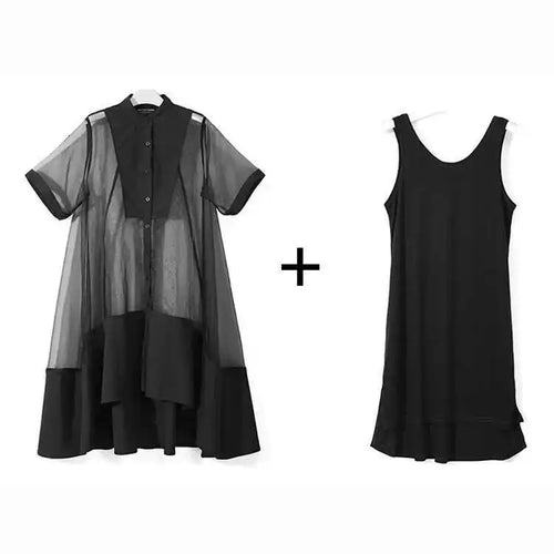 Load image into Gallery viewer, Women Green Organza Irregular Shirt Dress New Stand Collar Half Sleeve Loose Fit Fashion Tide Spring Summer 2025 JT581
