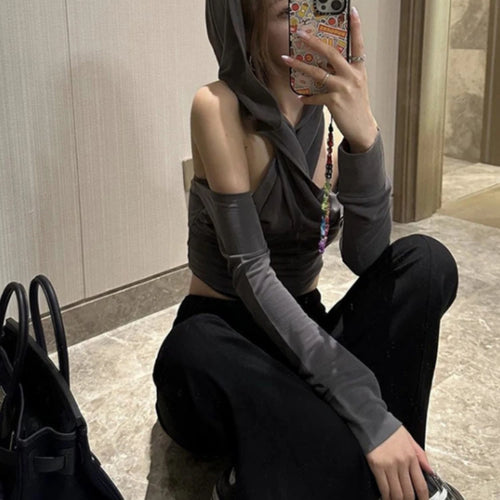 Load image into Gallery viewer, 2025 Summer Fashion Tee Shirts Femme Solid Slim Y2k Aesthetic Streetwear Tshirts Off Shoulder Hooded Long Sleeve Women T-shirts
