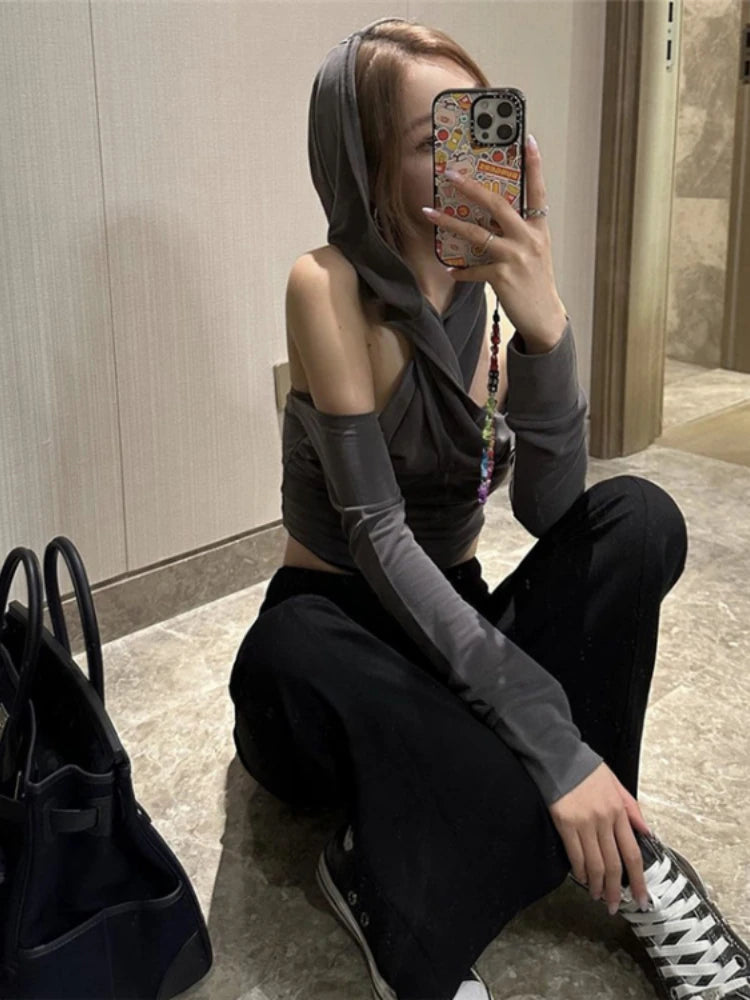 2025 Summer Fashion Tee Shirts Femme Solid Slim Y2k Aesthetic Streetwear Tshirts Off Shoulder Hooded Long Sleeve Women T-shirts