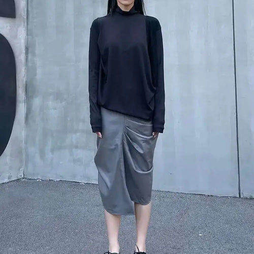 Load image into Gallery viewer, Women Black Irregular Casual T-shirt New Turtleneck Long Sleeve Loose Fit Tees Fashion Tide Spring Autumn 2025 1DH2678
