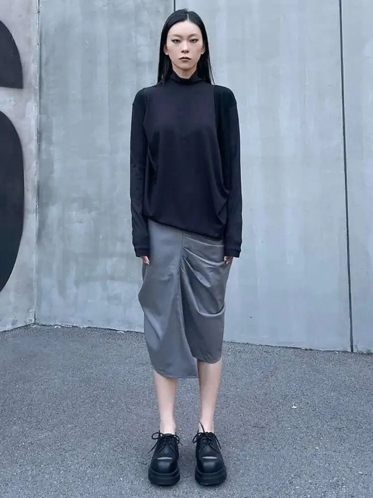 Women Black Irregular Casual T-shirt New Turtleneck Long Sleeve Loose Fit Tees Fashion Tide Spring Autumn 2025 1DH2678