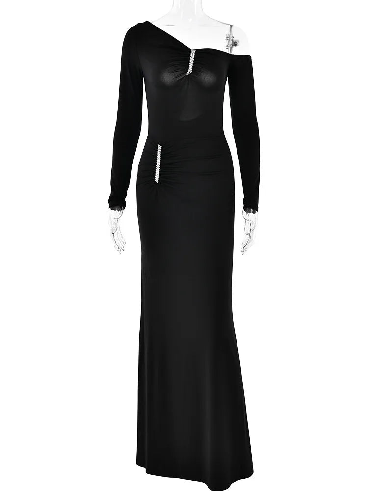 Elegant Long Sleeved Elastic Tight Irregular Dress Sexy Backless Party Evening Dress Slim Fall Vestido 2024 New Clothing