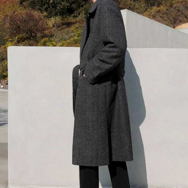 Winter Men's Woolen Overcoats Thick Double Breasted Belt Turn-down Collar Overknee Solid Color Casual Male Trench 9C8995