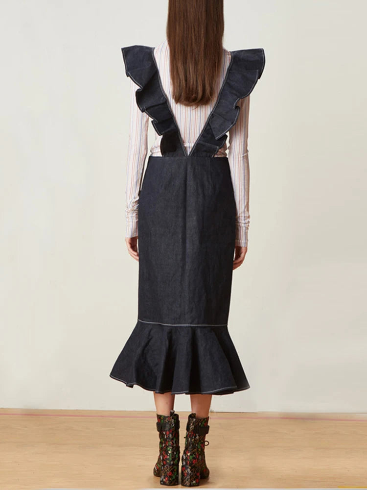 Folds Elegant Skirts For Women Hihh Waist Patchwork Ruffles Solid Temeprament Skirt Female Fashion Clothing