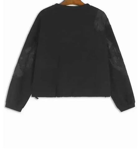 Black Lace Hollow Out Casual Sweatshirt New Round Neck Long Sleeve Women Big Size Fashion Tide Spring Autumn 2025 1DH7096