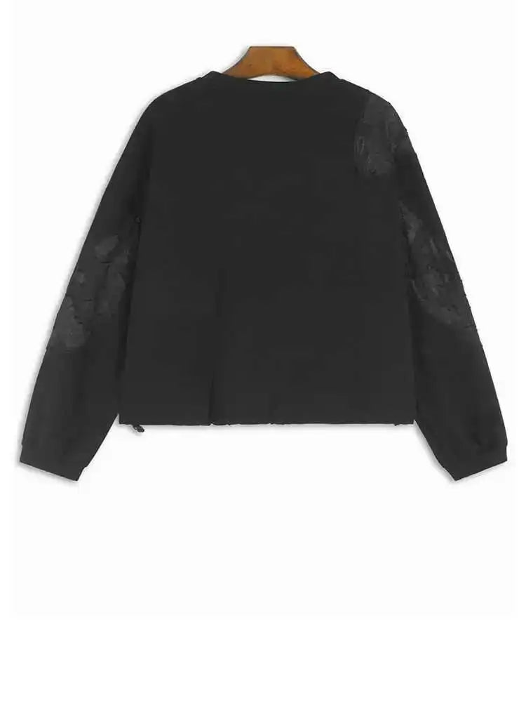 Black Lace Hollow Out Casual Sweatshirt New Round Neck Long Sleeve Women Big Size Fashion Tide Spring Autumn 2025 1DH7096