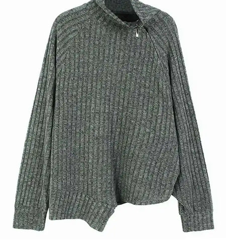 Gray Irregular Big Size Knitting Sweater Turtleneck Long Sleeve Women Pullovers New Fashion Spring Autumn 2025 1DH6800