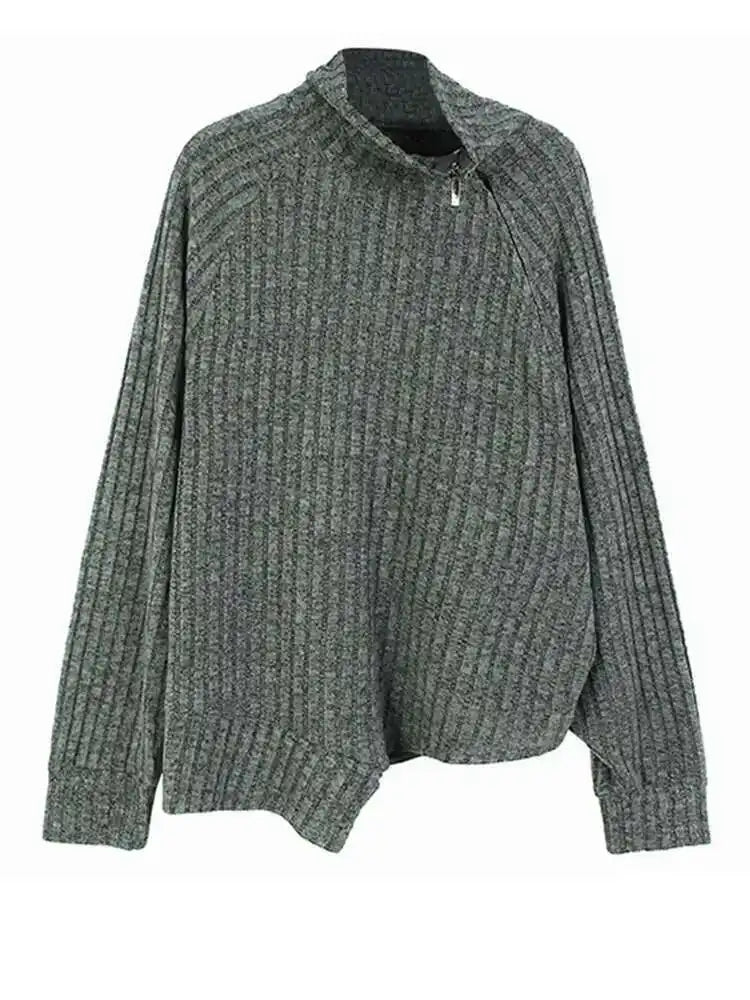 Gray Irregular Big Size Knitting Sweater Turtleneck Long Sleeve Women Pullovers New Fashion Spring Autumn 2025 1DH6800