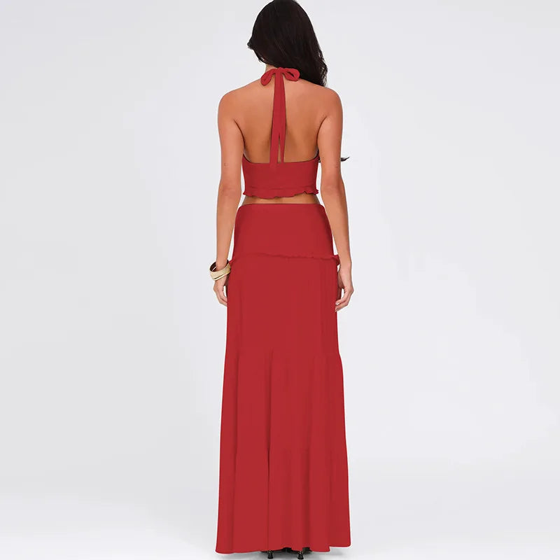 Sexy Sleeveless Skirt Two Pieces Sets For Women V-neck Hollow Out Crop Tops And Long Skirt Patchwork Two Pieces Sets