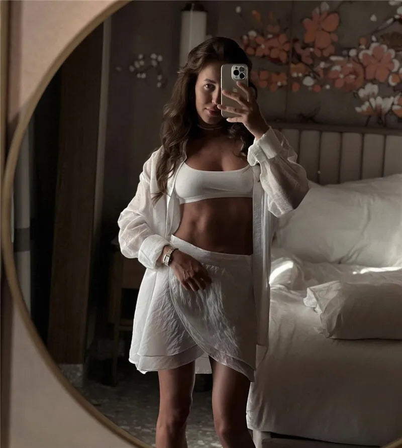 Summer Beach Two Piece Sets Women Long Sleeve Shirt And Mini Skirt Female See Through Loose 2 Piece Set Beachwear