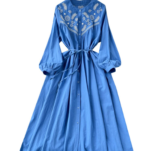 Load image into Gallery viewer, French Vintage Women Autumn Embroidery Elegant Long Sleeve Dress Ladies Round Neck Single Breasted Lace-up Party Dress Bohemian
