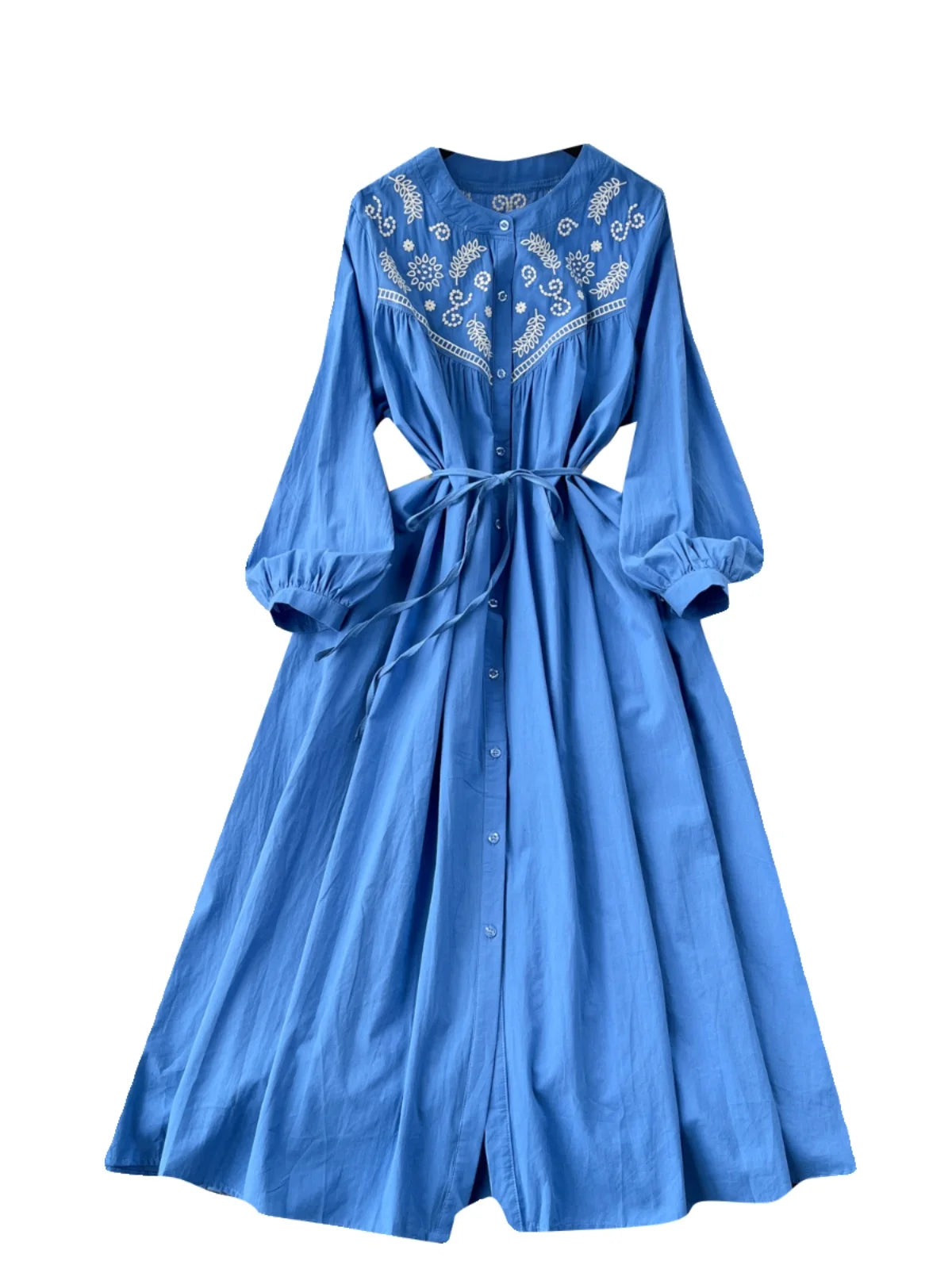 French Vintage Women Autumn Embroidery Elegant Long Sleeve Dress Ladies Round Neck Single Breasted Lace-up Party Dress Bohemian