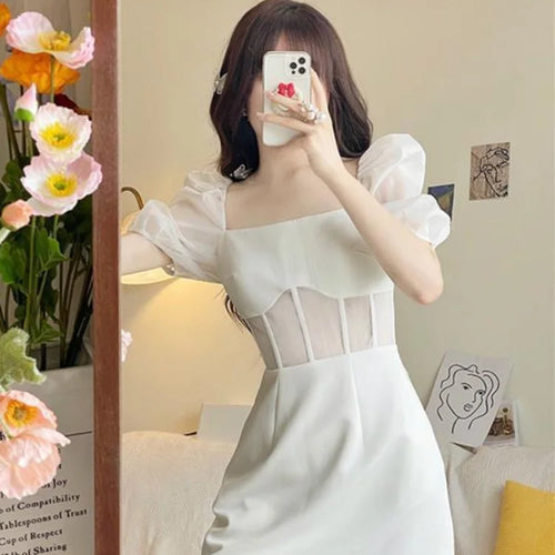 Load image into Gallery viewer, Sexy Lace Mesh White Dress Women Summer Elegant Evening Party Puff Sleeve Short Dresses Sundress Square Collar
