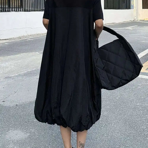 Load image into Gallery viewer, Women Black Drawstring Pocket Big Size Midi Dress New Round Neck Shhort Sleeve Fashion Tide Spring Summer 2025 1DJ0773
