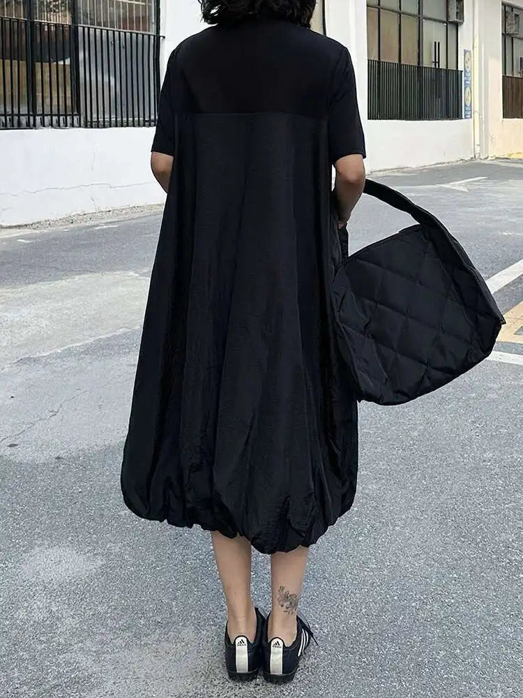 Women Black Drawstring Pocket Big Size Midi Dress New Round Neck Shhort Sleeve Fashion Tide Spring Summer 2025 1DJ0773