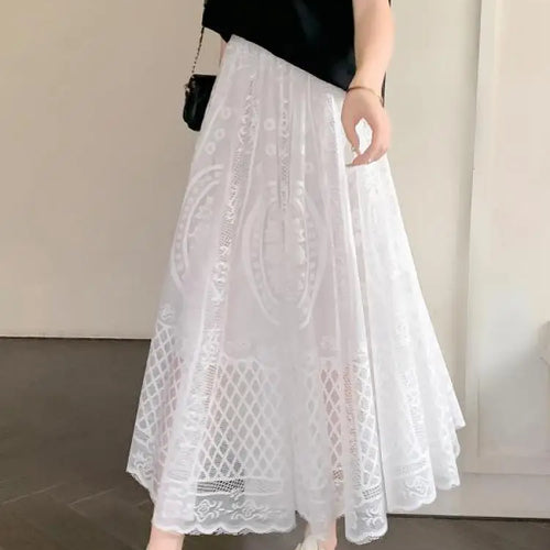 Load image into Gallery viewer, Spring Summer French Fashion Vintage Black White Lace Slim Holiday Long Skirt Women Beige High Waist Elegant Party Pleated Skirt
