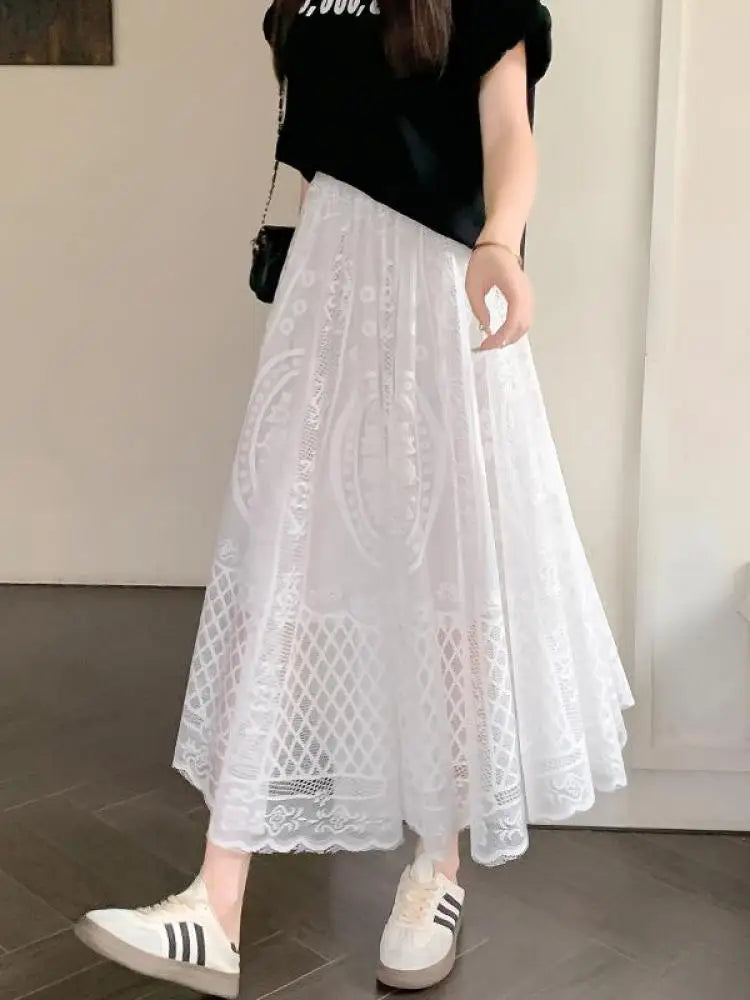 Spring Summer French Fashion Vintage Black White Lace Slim Holiday Long Skirt Women Beige High Waist Elegant Party Pleated Skirt