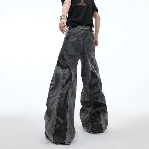 Load image into Gallery viewer, Niche Deign Male Denim Pants PU Leather Patchwork Worn-out Vintage Bottom Straight Wide Leg Male Jeans Summer 24Y155
