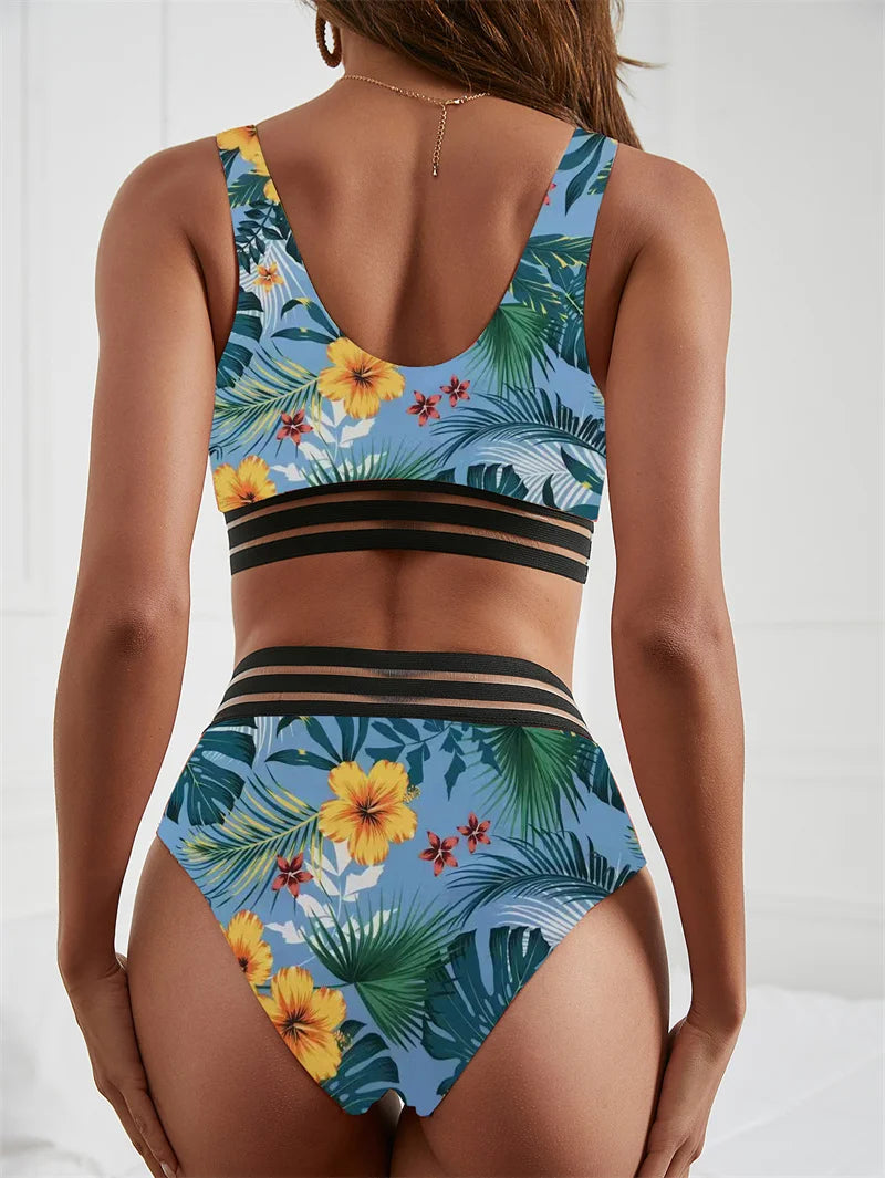 Floral High Waist Bikini 2024 High Cut Halter Swimwear Women Floral Swimsuit Biquini Sexy Bathing Suit for Women