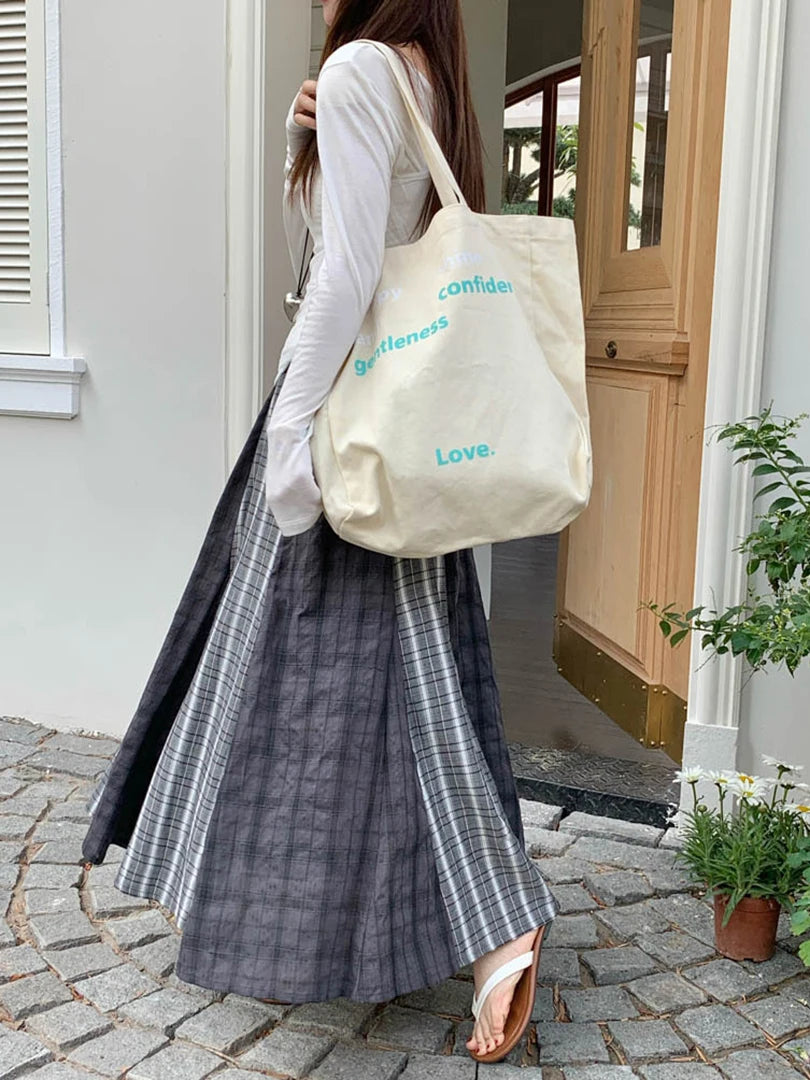 High Elastic Waist Gray Plaid Spliced Vintage A-line Half-body Skirt Women Fashion Tide New Spring Autumn 2025 1DJ1478