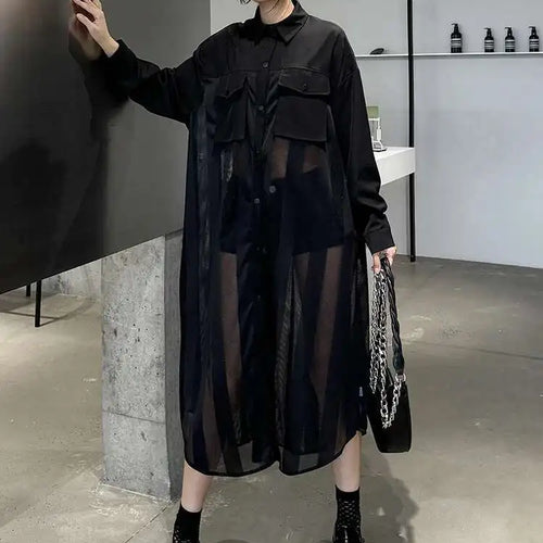 Load image into Gallery viewer, Women Army Green Mesh Color-block Big Size Long Shirt Dress New Lapel Long Sleeve Fashion Tide Spring Autumn 2025 1DH6066
