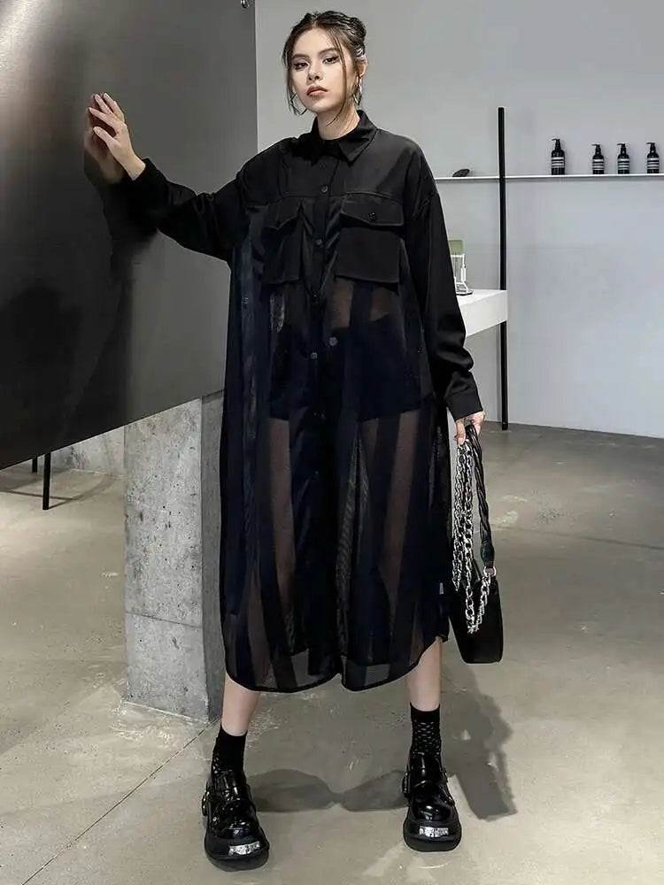Women Army Green Mesh Color-block Big Size Long Shirt Dress New Lapel Long Sleeve Fashion Tide Spring Autumn 2025 1DH6066