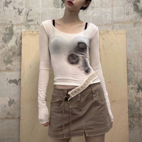 Load image into Gallery viewer, Japanese Y2k Mesh Top Trashy 2000s See Through Crop Top Vintage Harajuku Tattoo Print Sheer Top Grunge Aesthetics Korean
