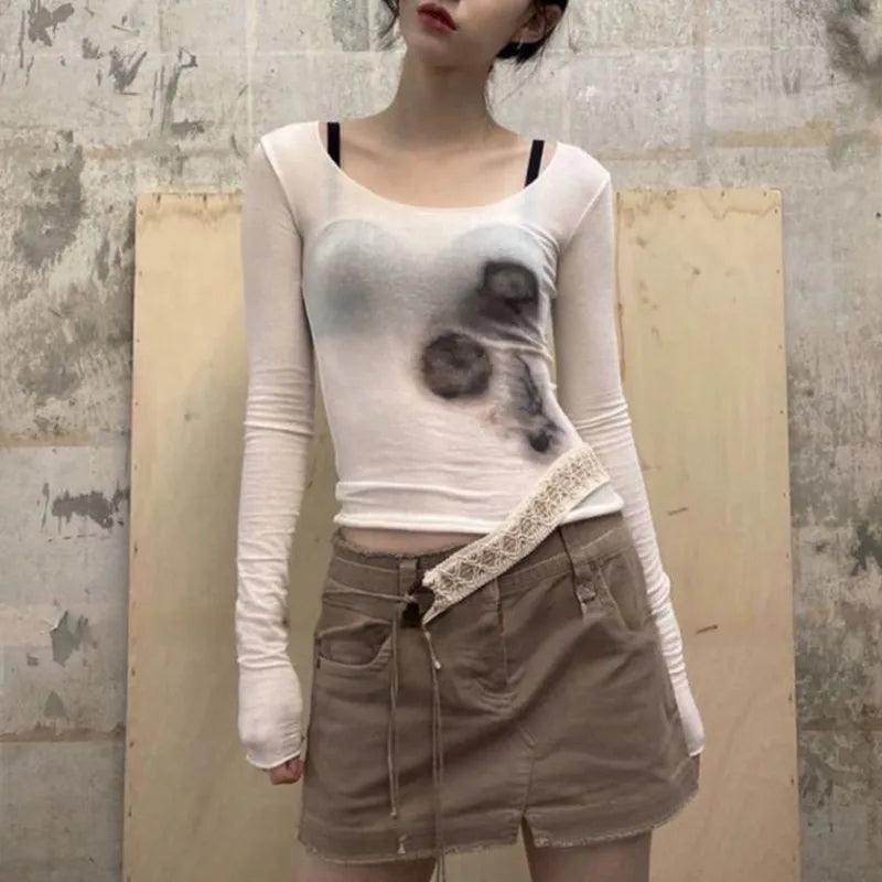 Japanese Y2k Mesh Top Trashy 2000s See Through Crop Top Vintage Harajuku Tattoo Print Sheer Top Grunge Aesthetics Korean