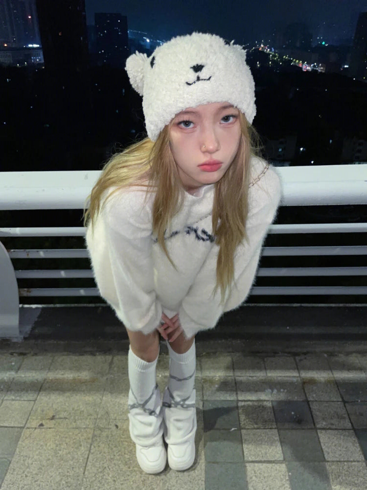 Autumn Winter Soft Mohair Pullover Women Caual Loose White Sweater Warm Knitting Y2k Aesthetic Sueter Mujer Streetwear