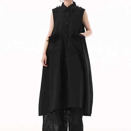 Load image into Gallery viewer, Women White Mesh Color-block Backless Big Size Shirt Dress New Lapel Sleeveless Fashion Tide Spring Summer 2025 1DH9518
