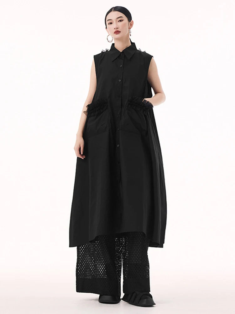 Women White Mesh Color-block Backless Big Size Shirt Dress New Lapel Sleeveless Fashion Tide Spring Summer 2025 1DH9518