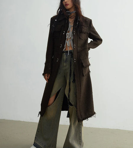 Coffee Pocket Tassels Long Elegant Woolen Coat New Lapel Long Sleeve Women Jacket Fashion Tide Autumn Winter 20251DH7222