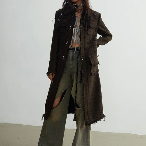 Load image into Gallery viewer, Coffee Pocket Tassels Long Elegant Woolen Coat New Lapel Long Sleeve Women Jacket Fashion Tide Autumn Winter 20251DH7222
