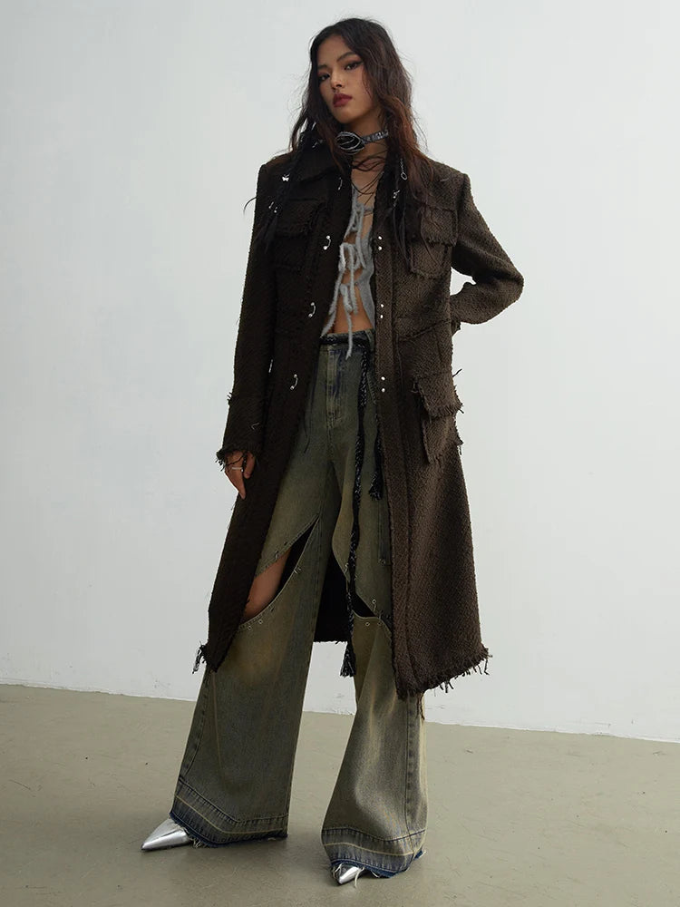 Coffee Pocket Tassels Long Elegant Woolen Coat New Lapel Long Sleeve Women Jacket Fashion Tide Autumn Winter 20251DH7222