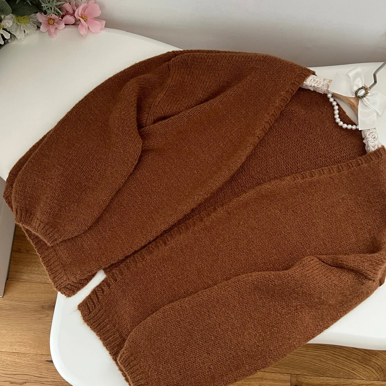 French Fashion Women's New Brown Long Sleeve Cardigan Sweaters Coat Autumn Winter V-neck Loose Crochet Knit Tops Casual Holiday