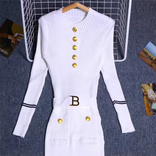 Load image into Gallery viewer, Women's Solid Patchwork Stripe V Neck Elegant Slim Long Sleeved Dress Spring Single Breasted Office Lady Knitted Dresses Fashion
