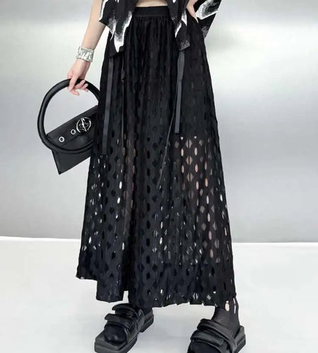 High Elastic Waist Black Hollow Out Casual Long Wide Leg Pants New Trousers Women Fashion Tide Spring Autumn 2025 1DH6468