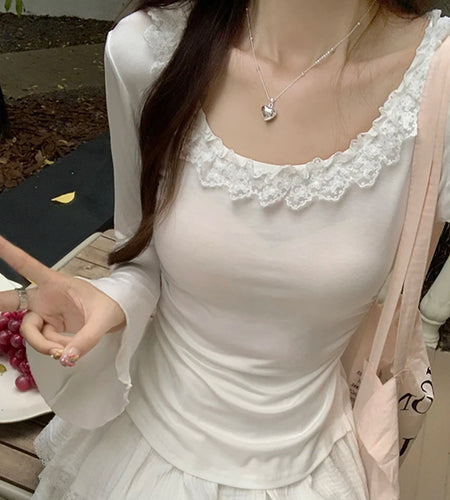 y2k Tops Women Coquette Clothing Ruffle Trim Scoop Neck Long Sleeve T Shirts Fairycore Aesthetic Clothes Streetwear