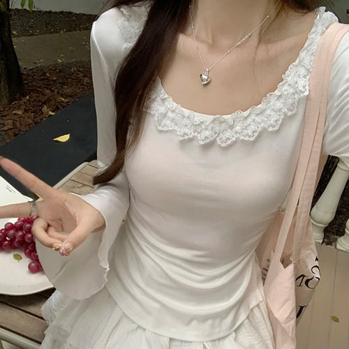 Load image into Gallery viewer, y2k Tops Women Coquette Clothing Ruffle Trim Scoop Neck Long Sleeve T Shirts Fairycore Aesthetic Clothes Streetwear
