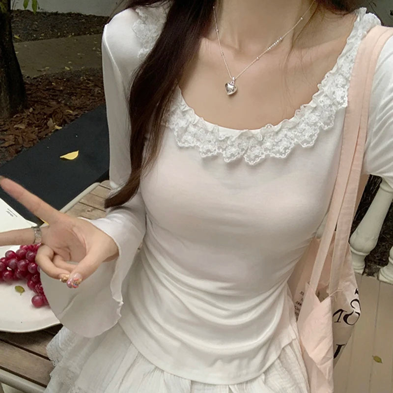 y2k Tops Women Coquette Clothing Ruffle Trim Scoop Neck Long Sleeve T Shirts Fairycore Aesthetic Clothes Streetwear